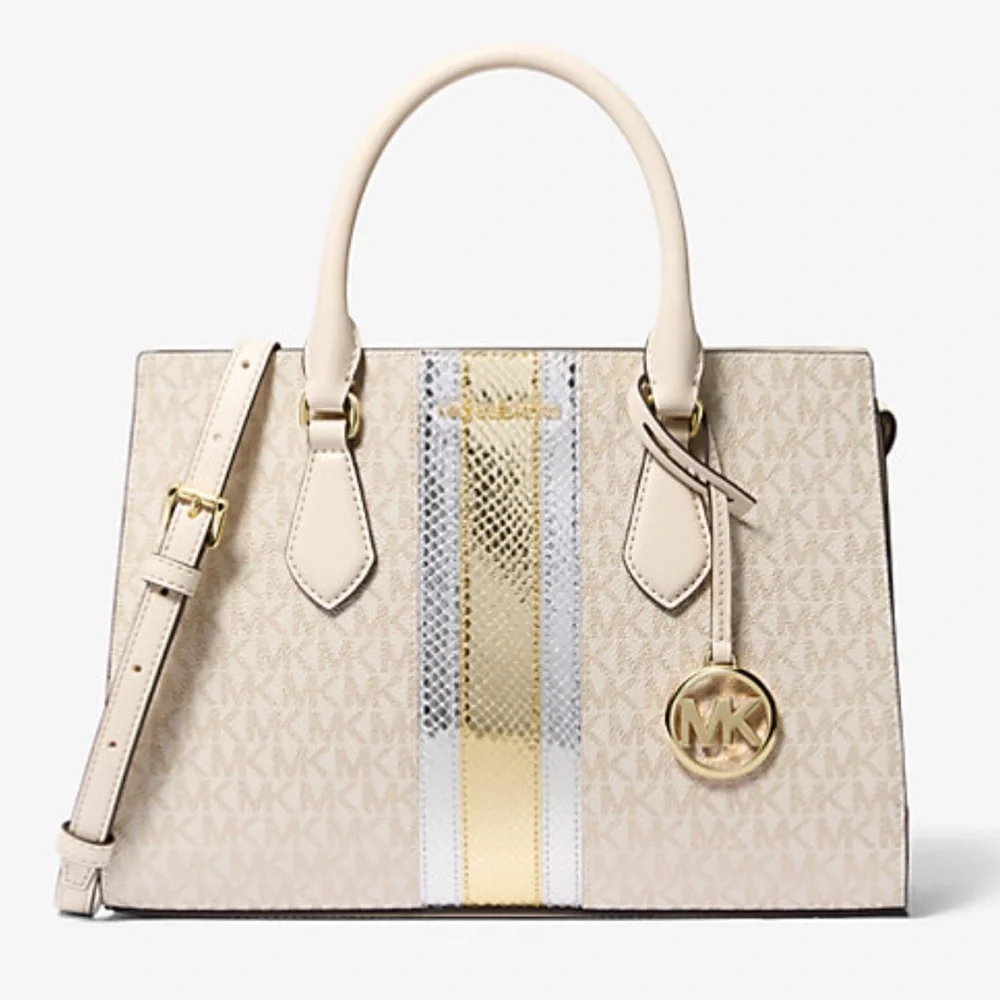 Michael Kors Sheila Medium Signature Logo and Metallic Satchel Crossbody CZ NWT